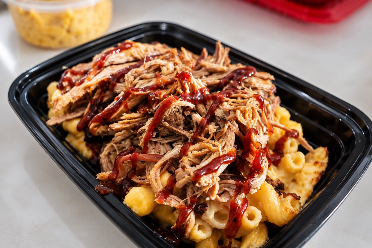 Barbecue mac and cheese bowl with pulled pork