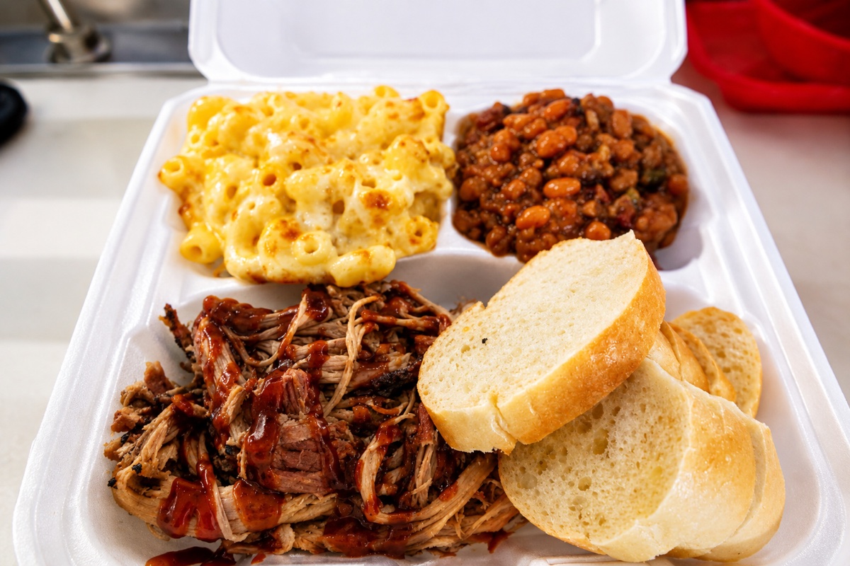 Pulled pork plate with mac and cheese, baked beans, and bread